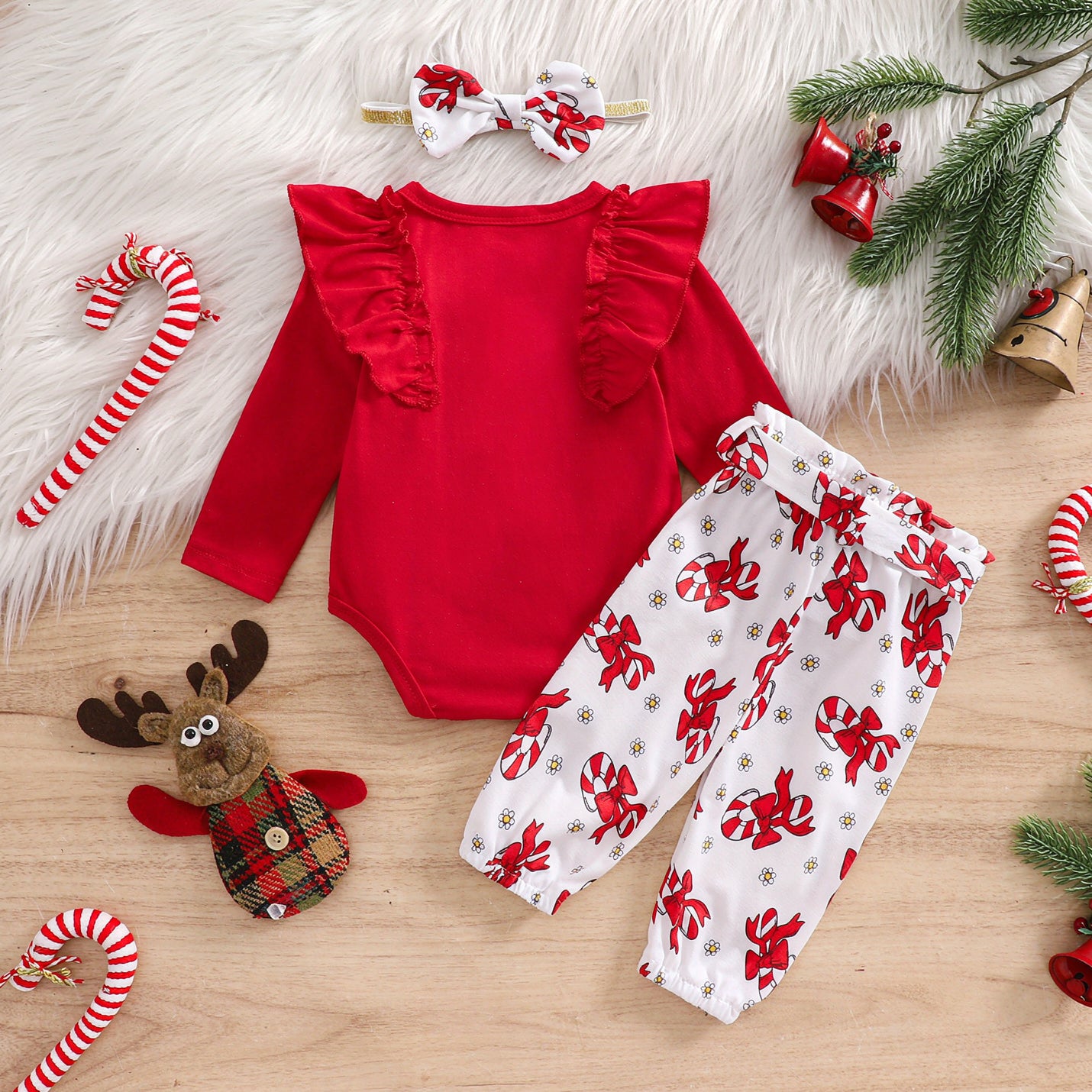 3PCS Lovely Candy Cane and Bow Print Long Sleeve Baby Set Secondary image