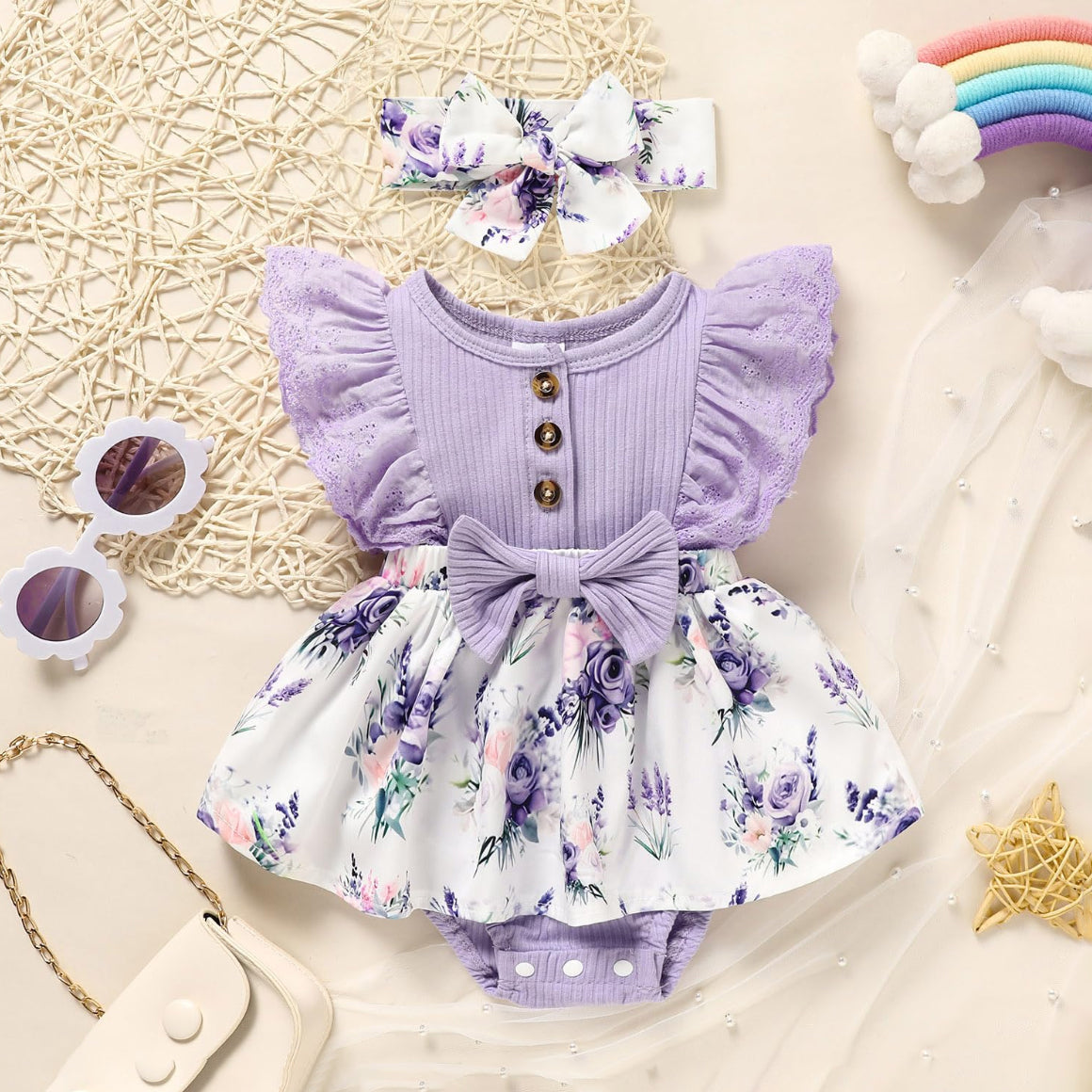 2PCS Cute Floral Printed Ruffled Sleeveless Baby Romper Main image