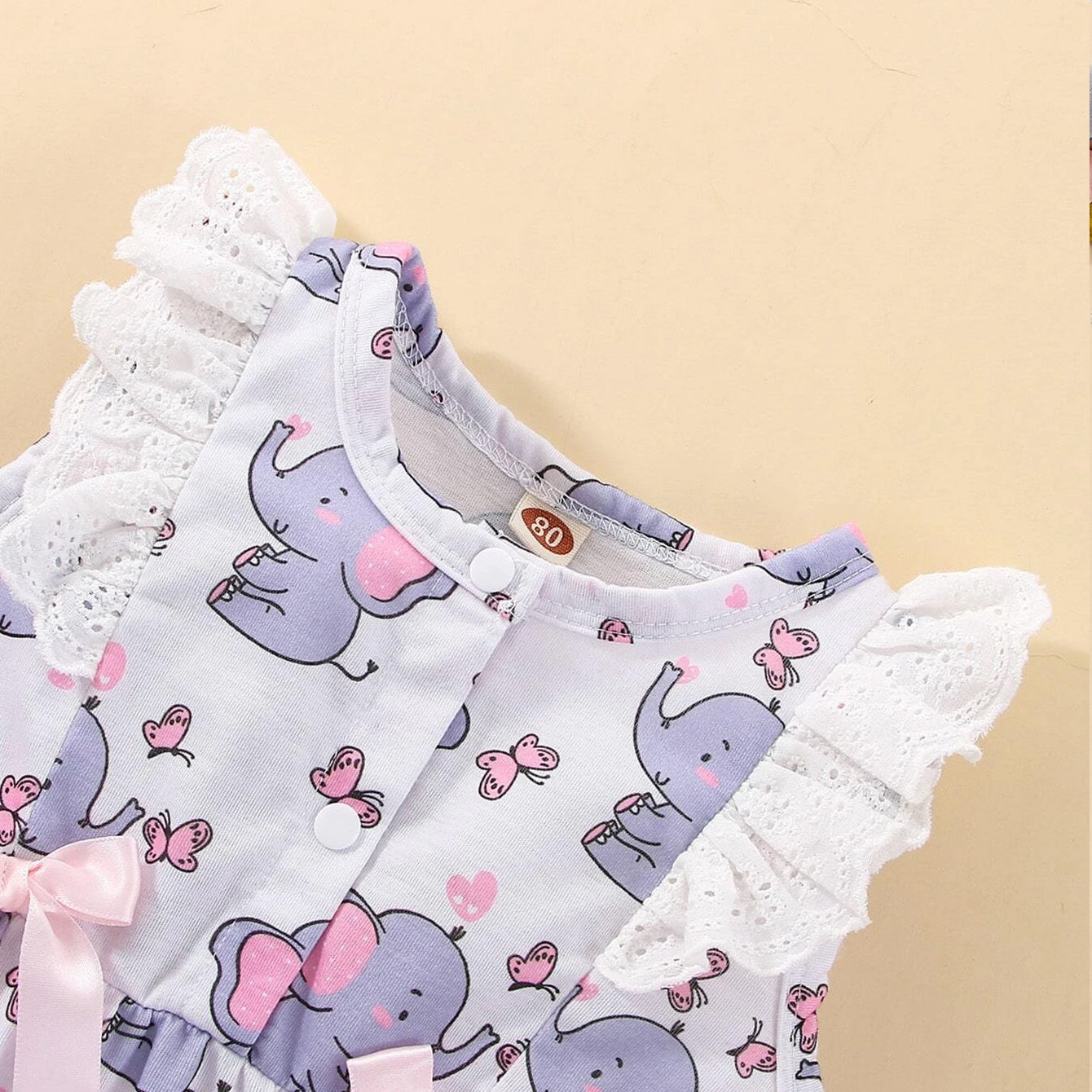 Lovely Elephant Printed Ruffle Bow Decorate Baby Jumpsuit