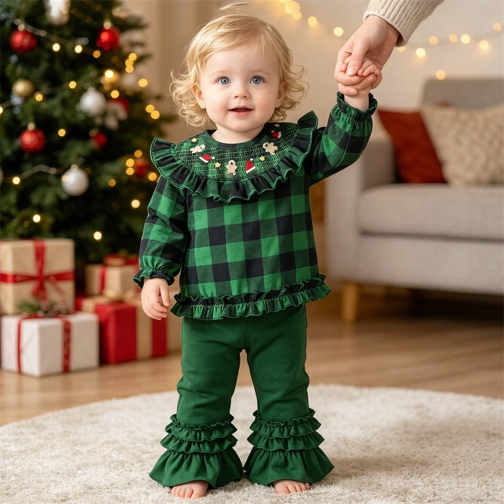 2PCS Christmas Plaid Printed Gingerbread Santa Hat Embroidery Baby Set