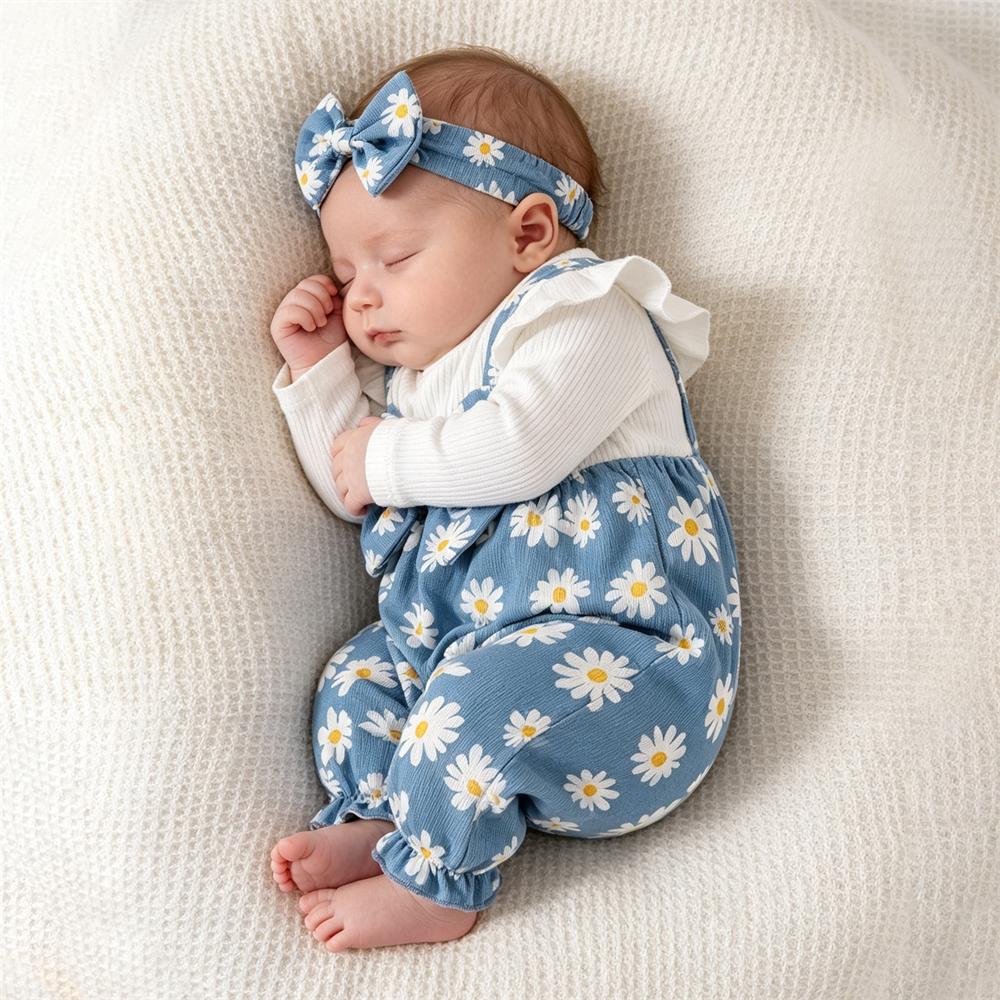 2PCS Trendy Daisy Print Long Sleeve Baby Jumpsuit