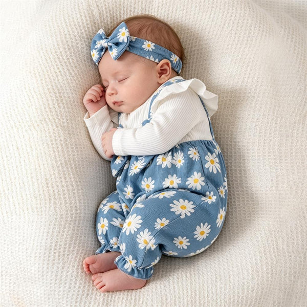 2PCS Trendy Daisy Print Long Sleeve Baby Jumpsuit