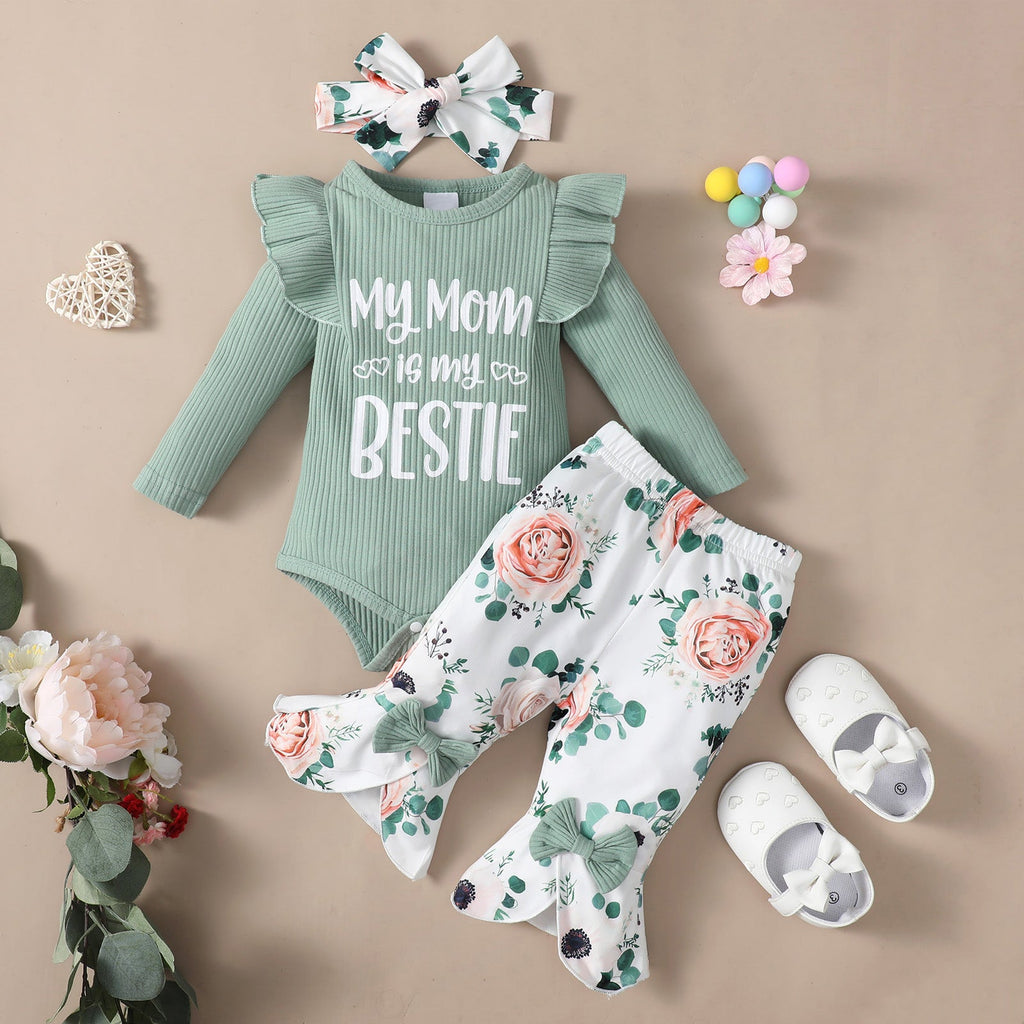 3PCS My Mom Is My Bestie Letter Floral Print Baby Set