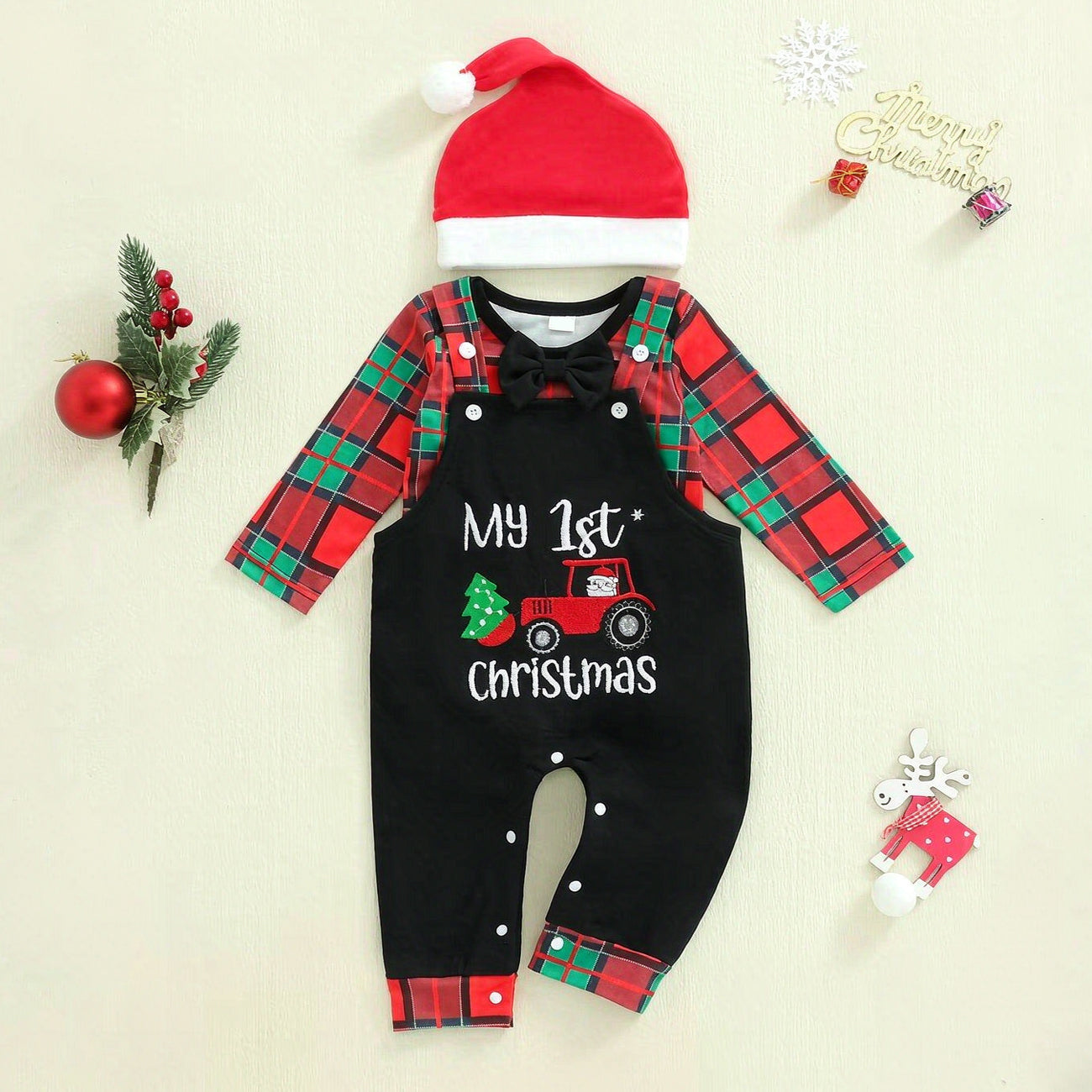 3PCS Letter Embroidered Santa Plaid Print Baby Boy Overalls Set