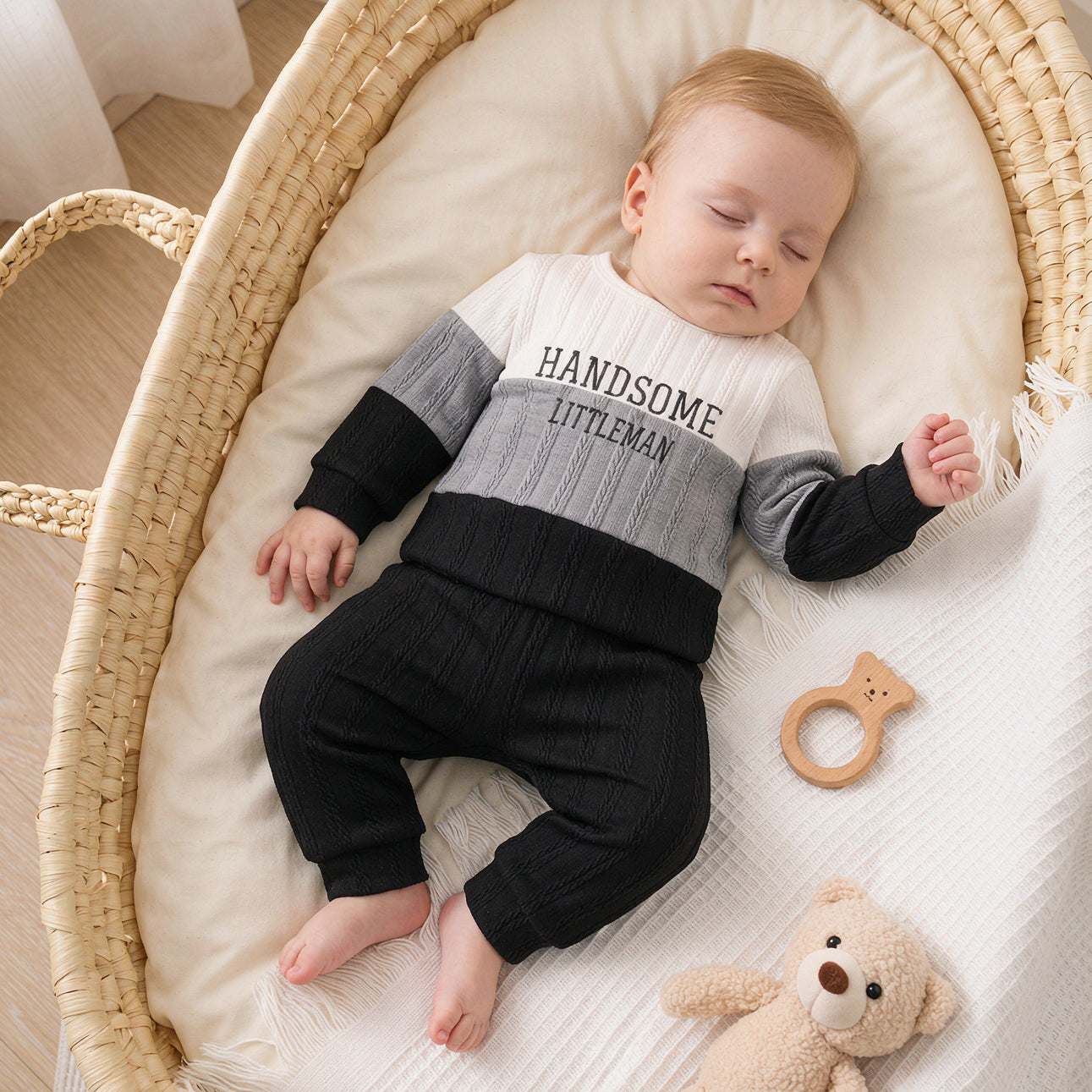 2PCS Handsome Littleman Letter Color Block Long Sleeve Knit Baby Set Image secondaire du produit