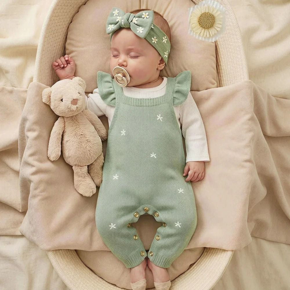 Sweet Floral Faux Two-Piece Long Sleeve Knit Baby Girl Jumpsuit Image principale du produit