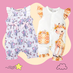 2PCS Elephant Printed Jumpsuit and Giraffe Printed Jumpsuit Baby Set