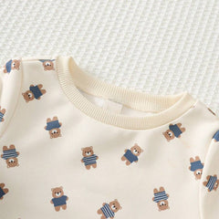 2PCS Adorable Bear Print Long Sleeve Corduroy Baby Overalls Set