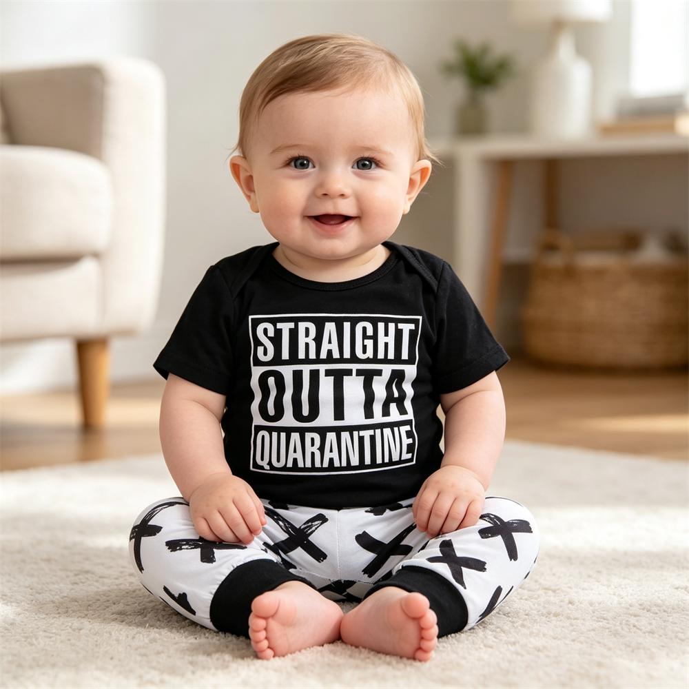 2PCS STRAIGHT OUTTA QUARANTINE Letter Printed Baby Boy Set