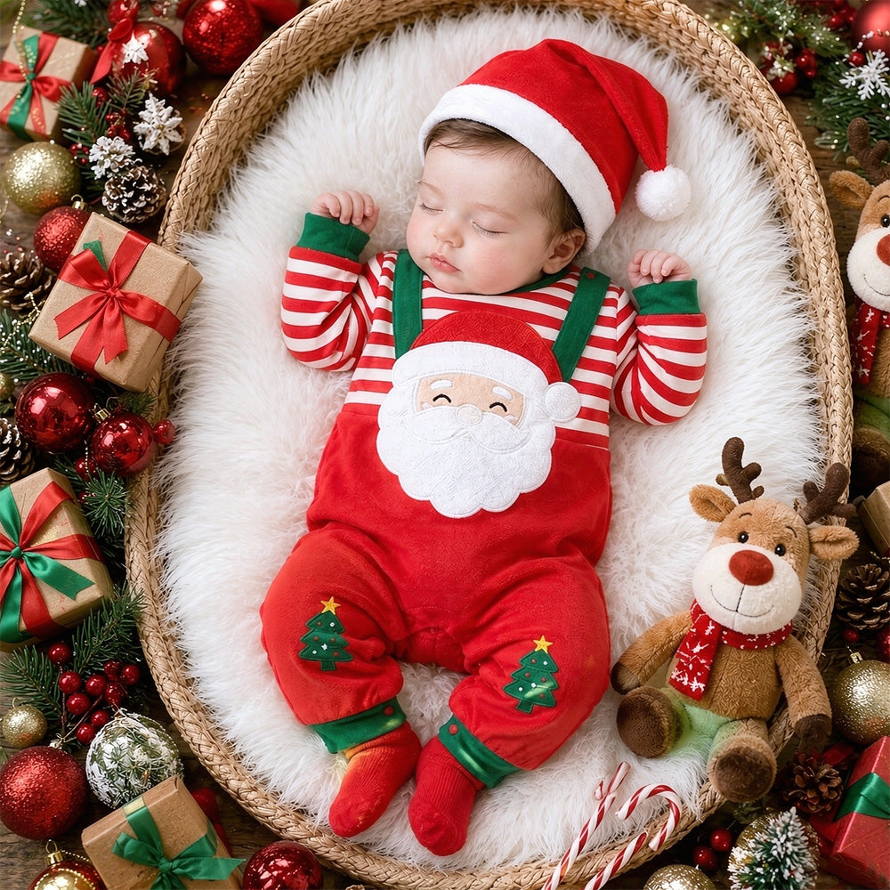 2PCS Cute Santa Applique Stripe Print Baby Christmas Jumpsuit