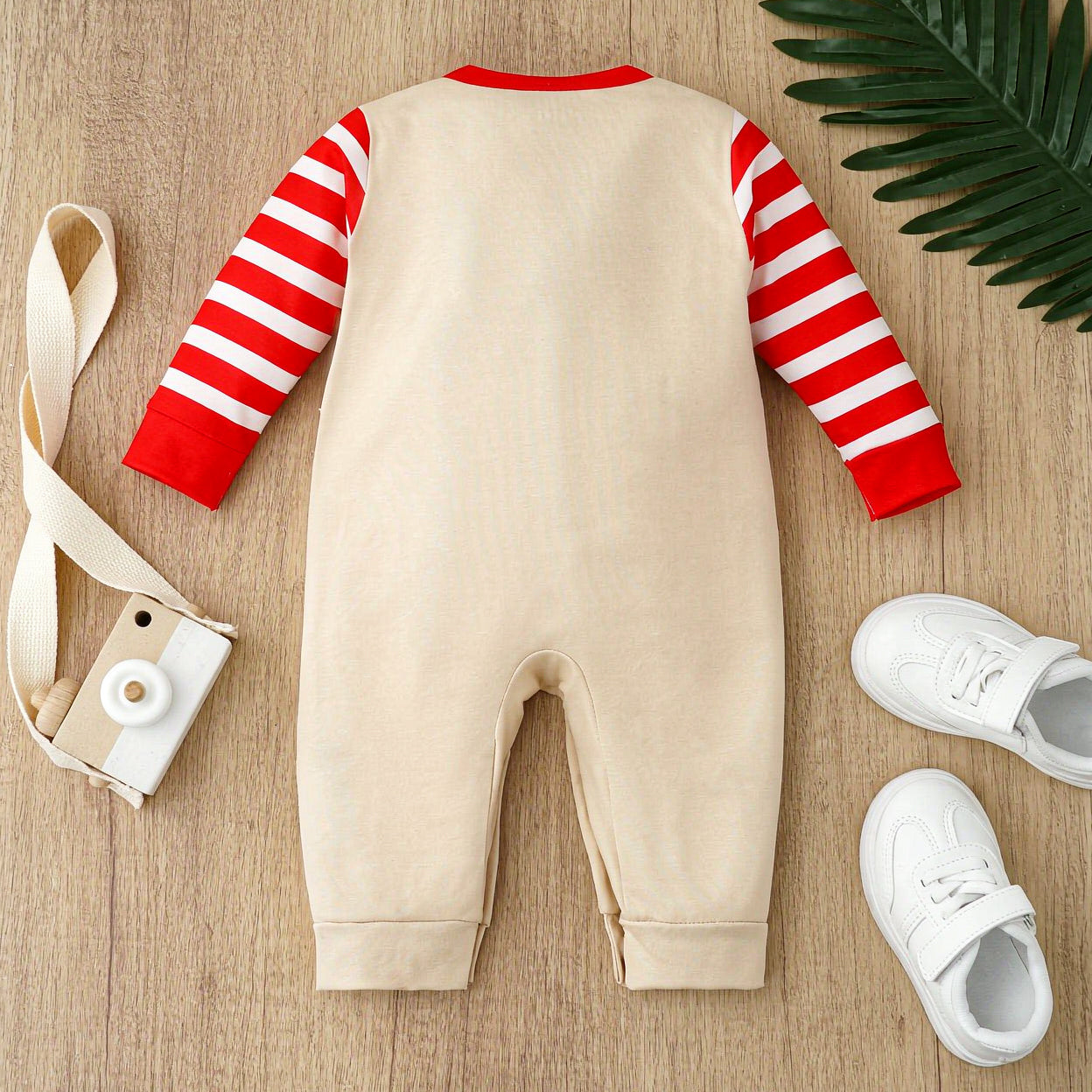 My 1st Christmas Letter Reindeer Stripe Print Faux Layering Baby Jumpsuit