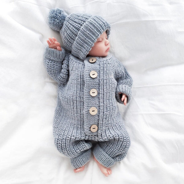 2PCS Adorable Solid Color Long Sleeve Knit Baby Jumpsuit