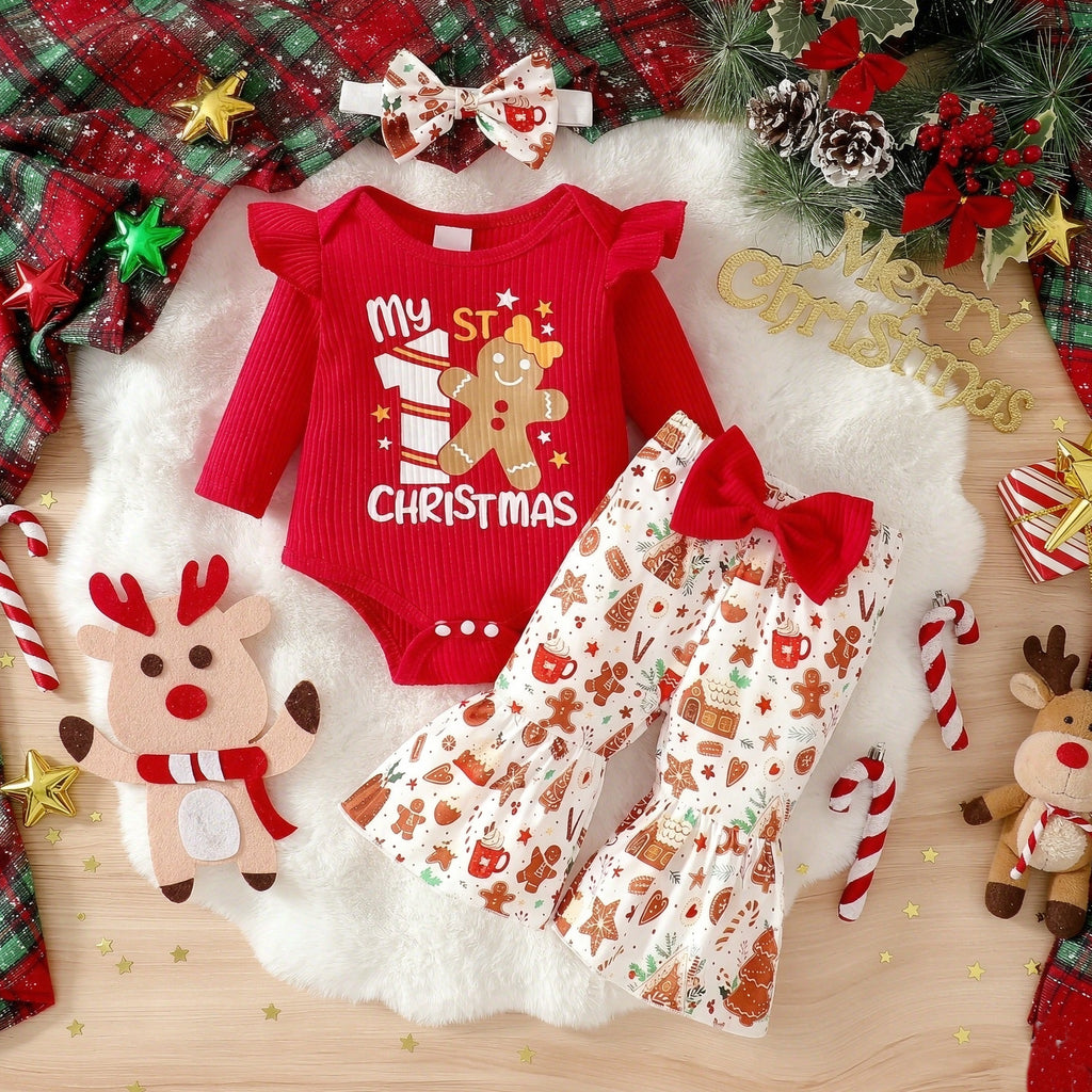 3PCS Sweet My 1st Christmas Letter Gingerbread Man Print Baby Set