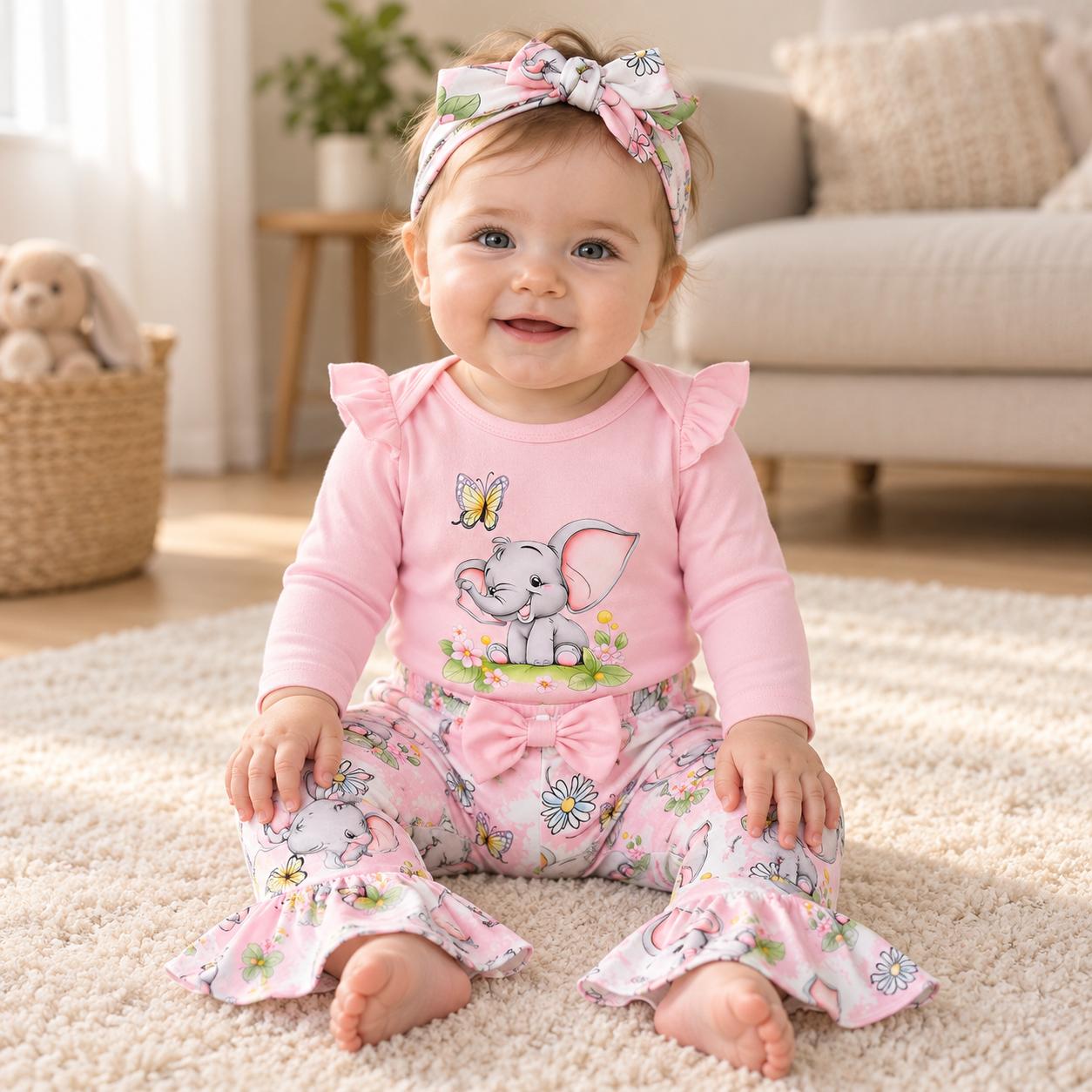 3PCS Sweet Elephant Floral Printed Long Sleeve Baby Set Imagem secundária do produto