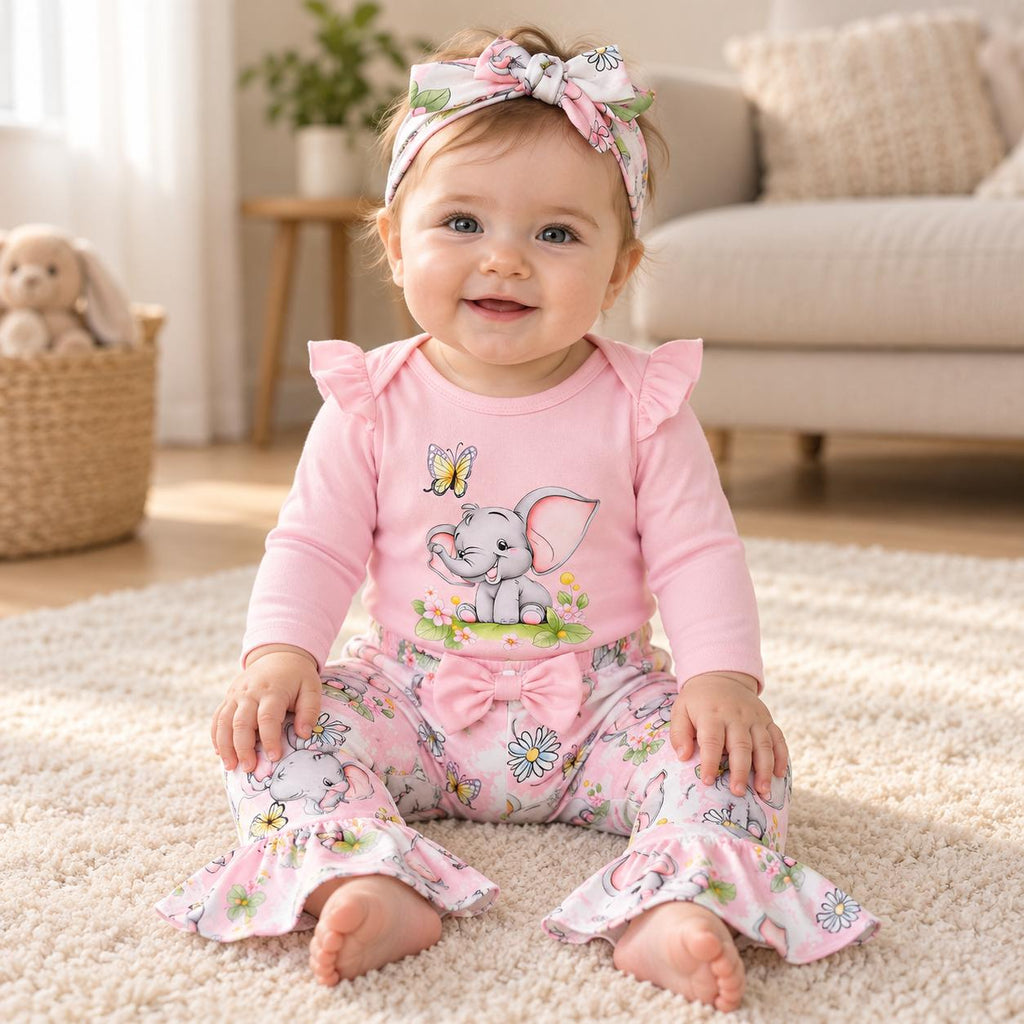 3PCS Sweet Elephant Floral Printed Long Sleeve Baby Set