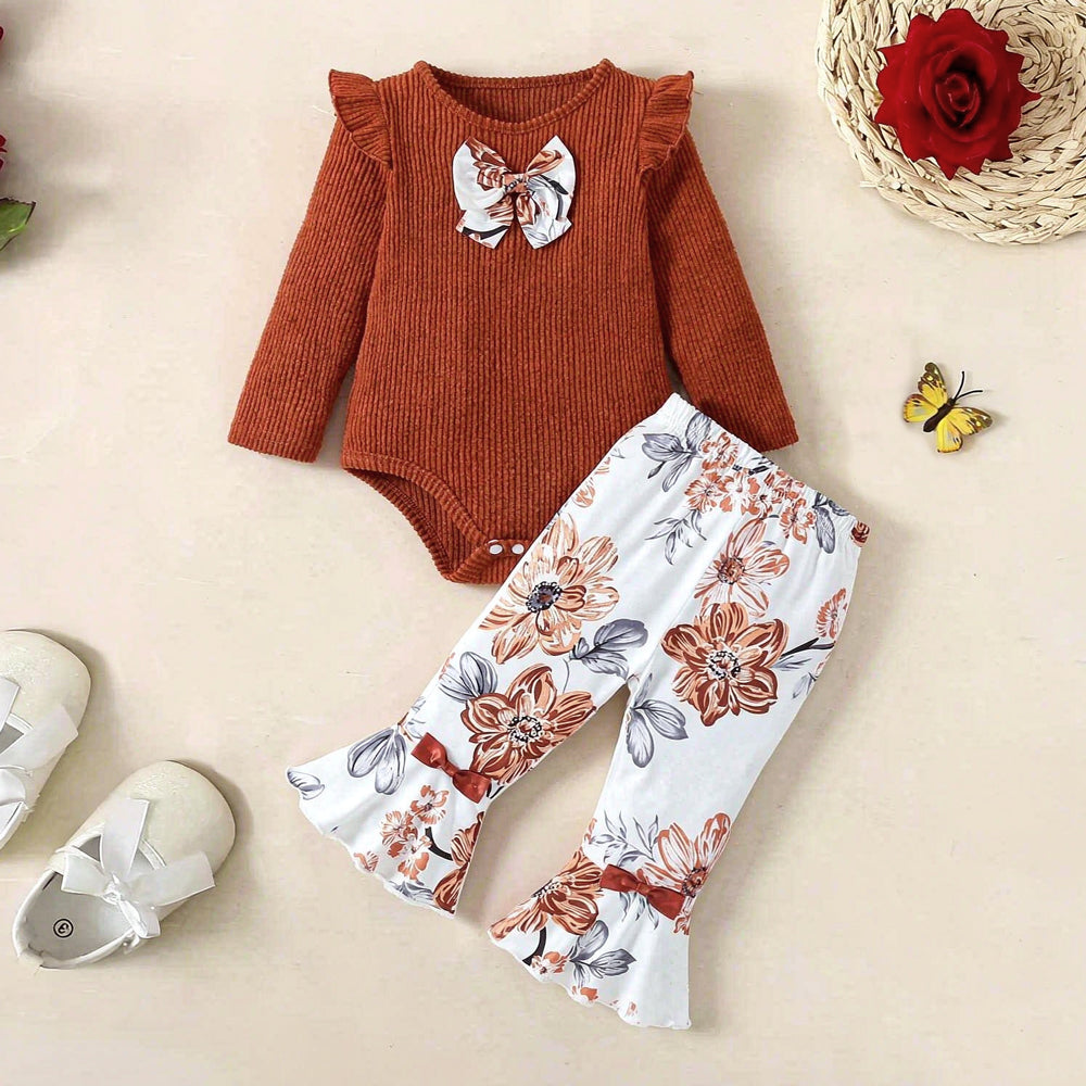 2PCS Charming Floral Print Bow Long Sleeve Baby Girl Set