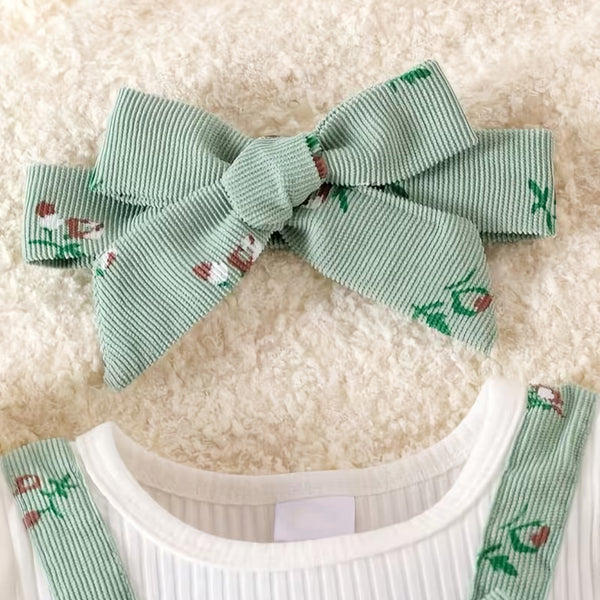 2PCS Cheerful Floral Print Bow Long Sleeve Baby Girl Jumpsuit