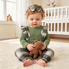 2PCS Fresh Plaid Printed Ruffle Long Sleeve Baby Girl Jumpsuit