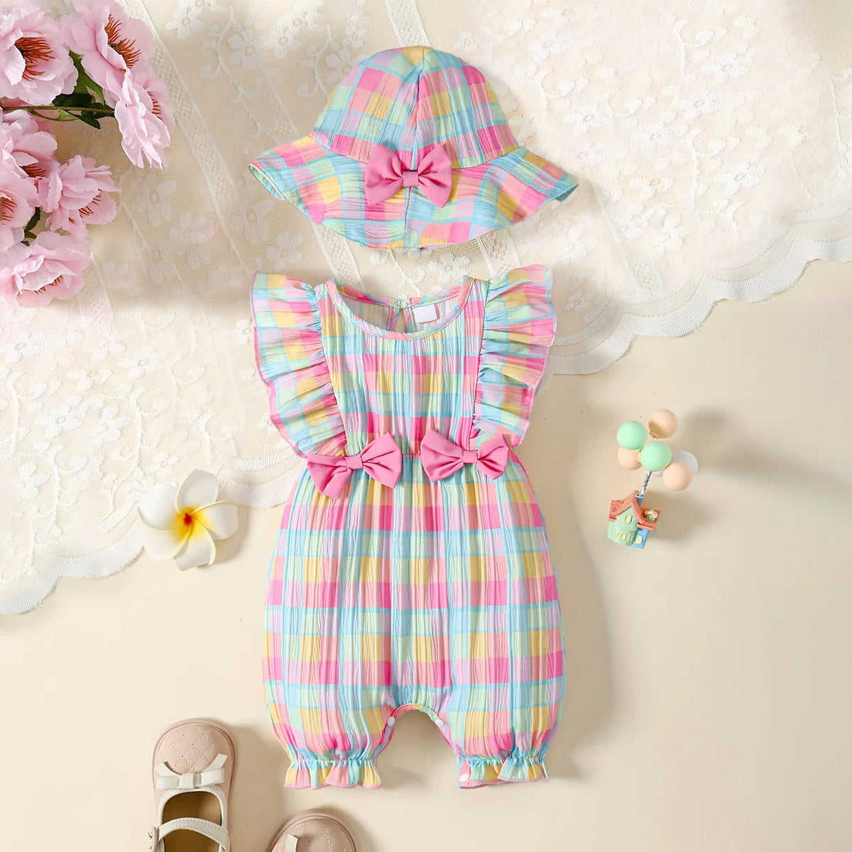 2PCS Pretty Plaid Printed Sleeveless Baby Jumpsuit Main image