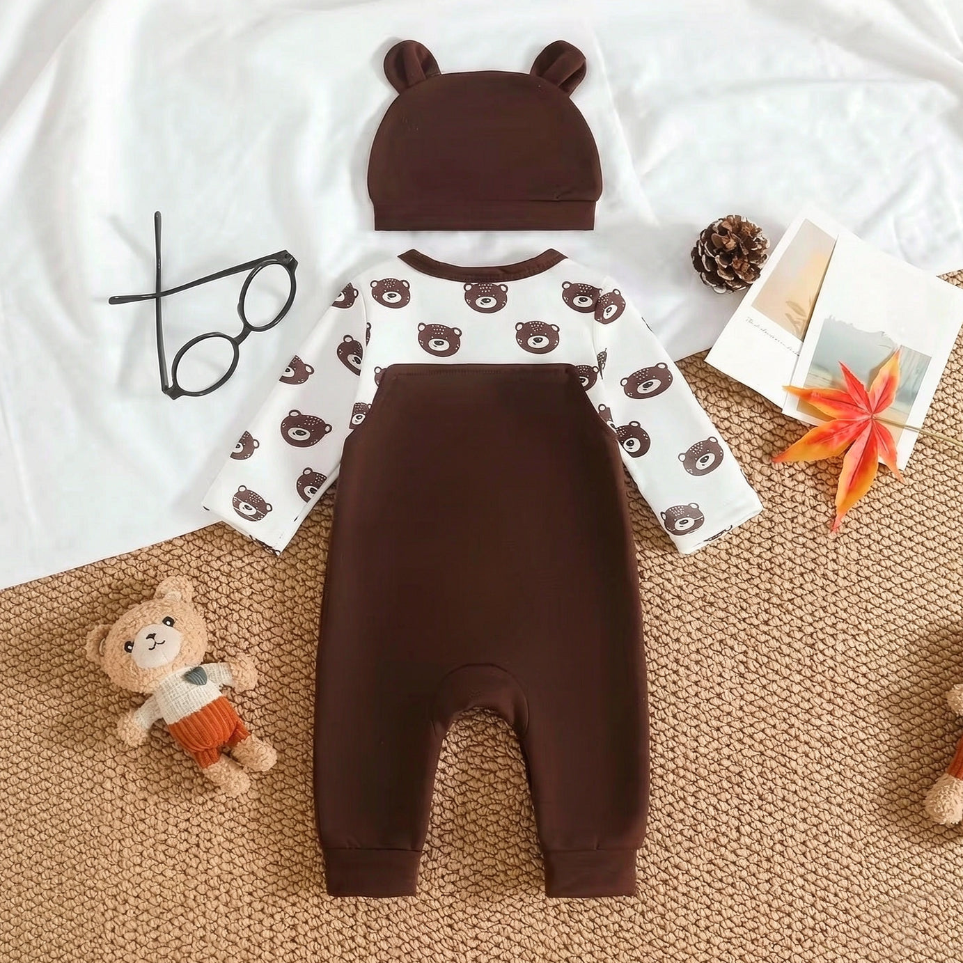 2PCS Timeless Bear Printed Faux Layer Baby Jumpsuit
