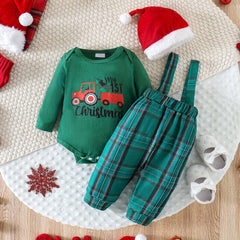 3PCS Cute My 1st Christmas Letter Tractor Plaid Print Baby Overalls Set