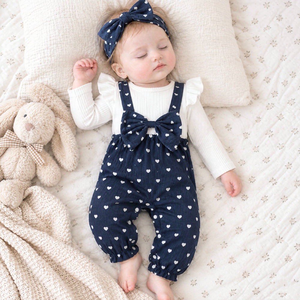 2PCS Lovely Color Block Heart Print Long Sleeve Baby Jumpsuit