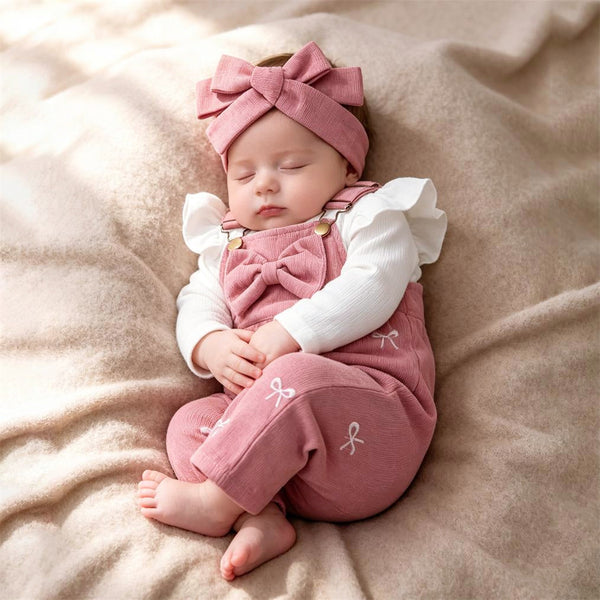 3PCS Sweet Bow Print Long Sleeve Baby Overalls Set