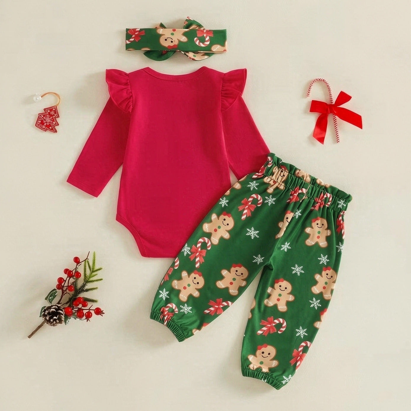 3PCS My 1st Christmas Letter Gingerbread Print Long Sleeve Baby Girl Set