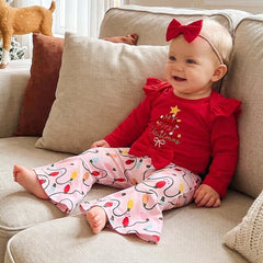 3PCS My First Christmas Letter Holiday Lights Print Long Sleeve Baby Set