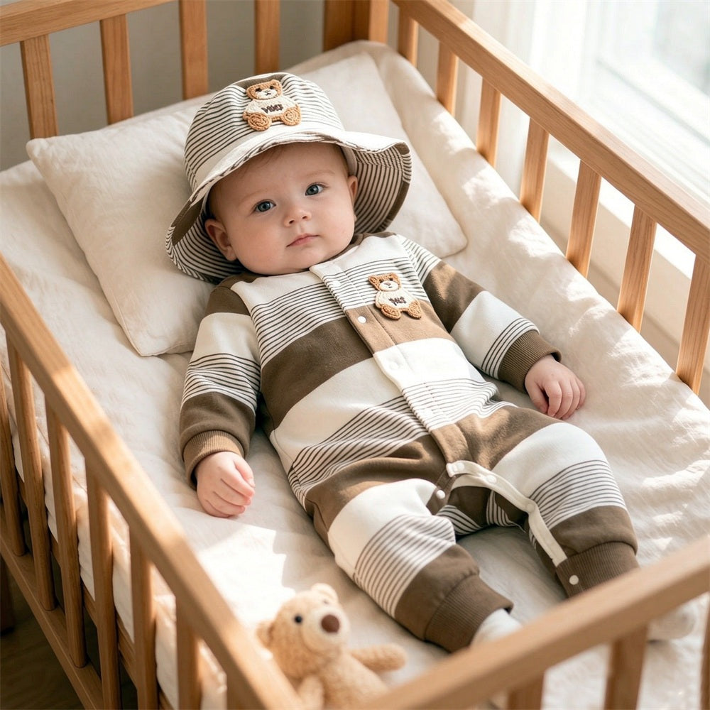 2PCS Timeless Bear Applique Stripe Printed Long Sleeve Baby Jumpsuit
