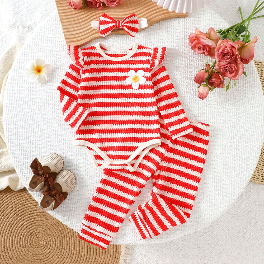 3PCS Vibrant Floral Applique Stripe Print Long Sleeve Knit Baby Set