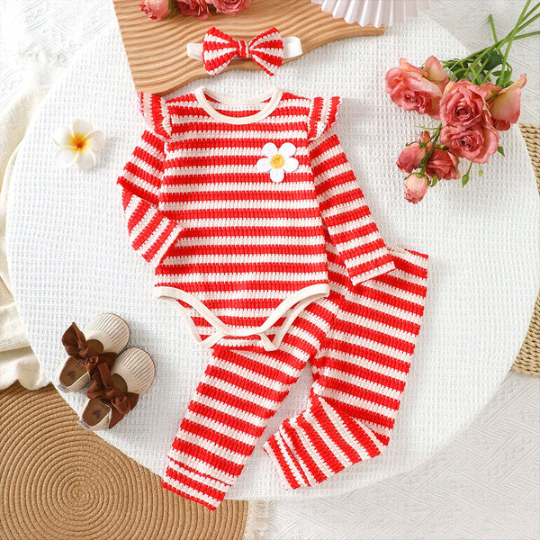 3PCS Vibrant Floral Applique Stripe Print Long Sleeve Knit Baby Set