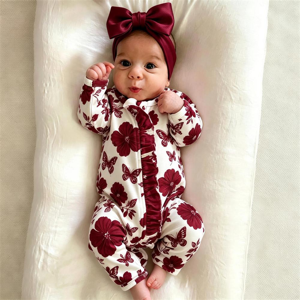 Vintage Floral and Butterfly Printed Long Sleeve Zipper Baby Jumpsuit Main image