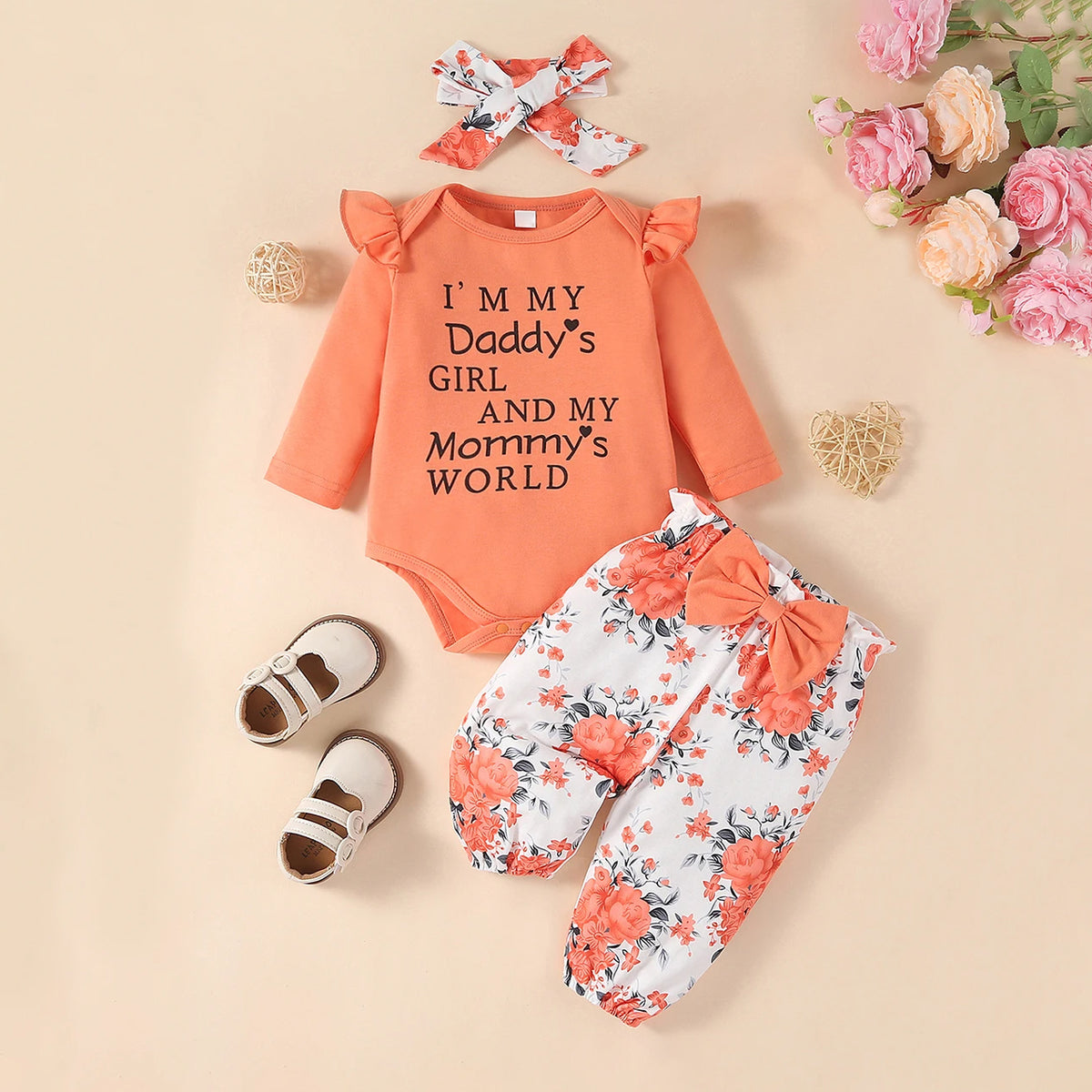 3PCS I'M My Daddy's Girl Letter Floral Printed Long Sleeve Baby Set