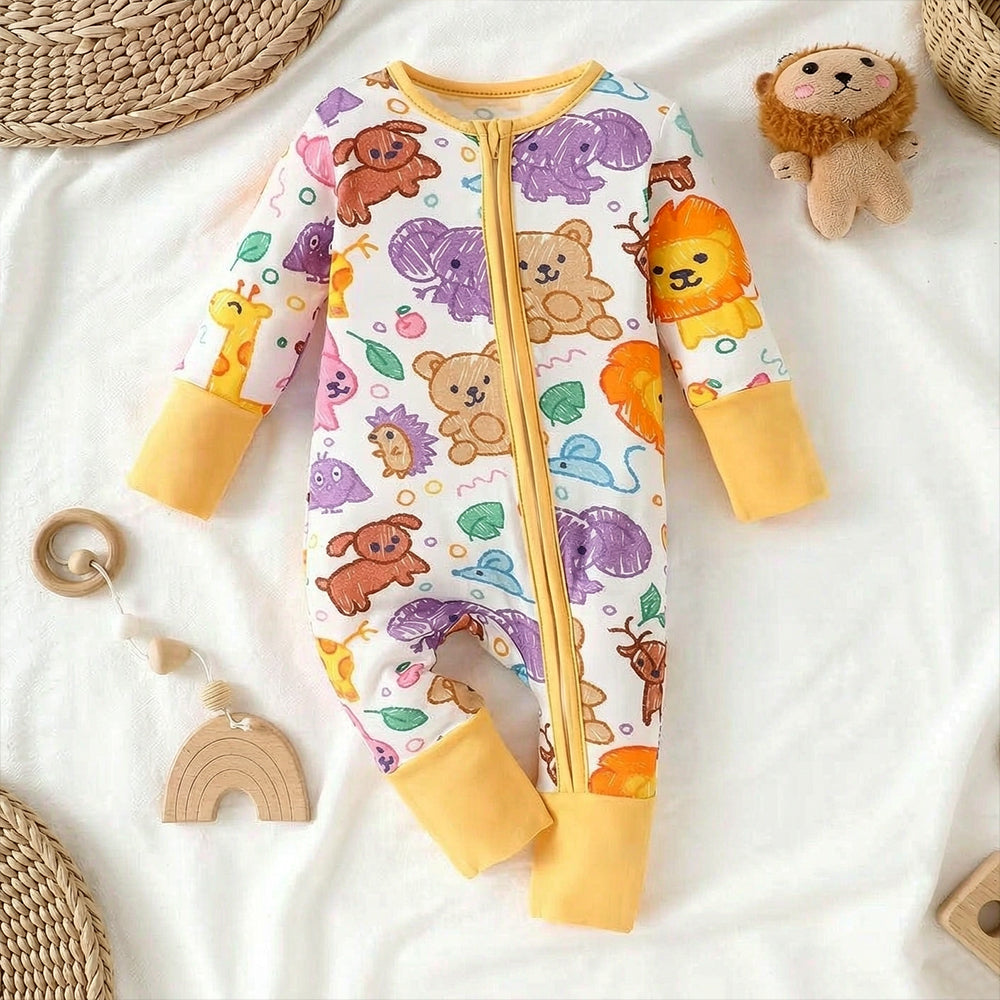 Adorable Cartoon Animal Printed Long Sleeve Zipper Baby Jumpsuit