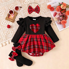 3PCS Stylish Heart Plaid Printed Ruffled Long Sleeve Baby Romper