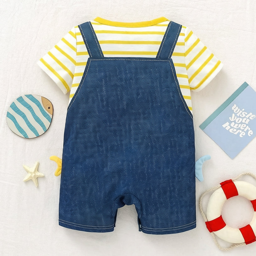 Cute Shark Stripe Print Fake Two Piece Short Sleeve Baby Jumpsuit