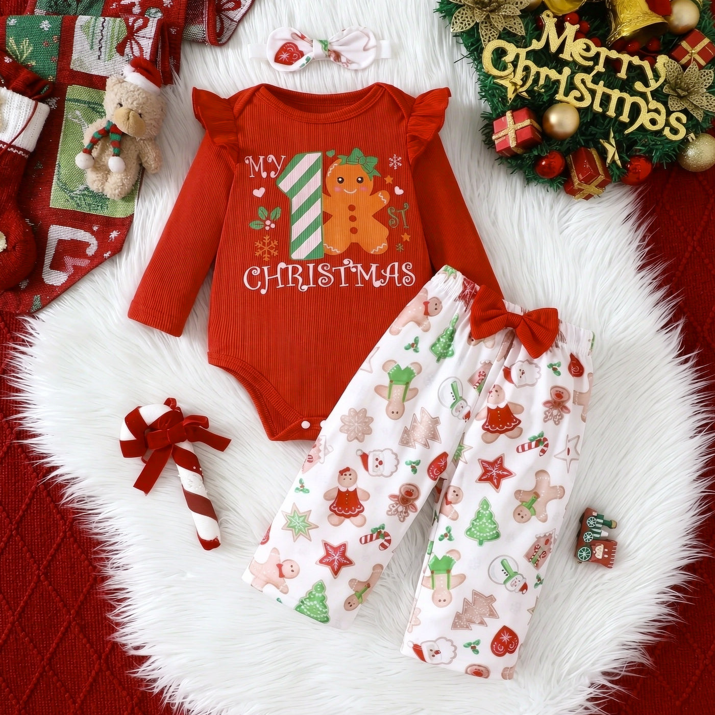3PCS My 1st Christmas Letter Gingerbread Print Baby Girl Set