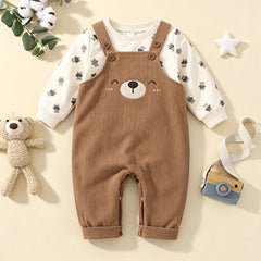 2PCS Adorable Bear Print Long Sleeve Corduroy Baby Overalls Set