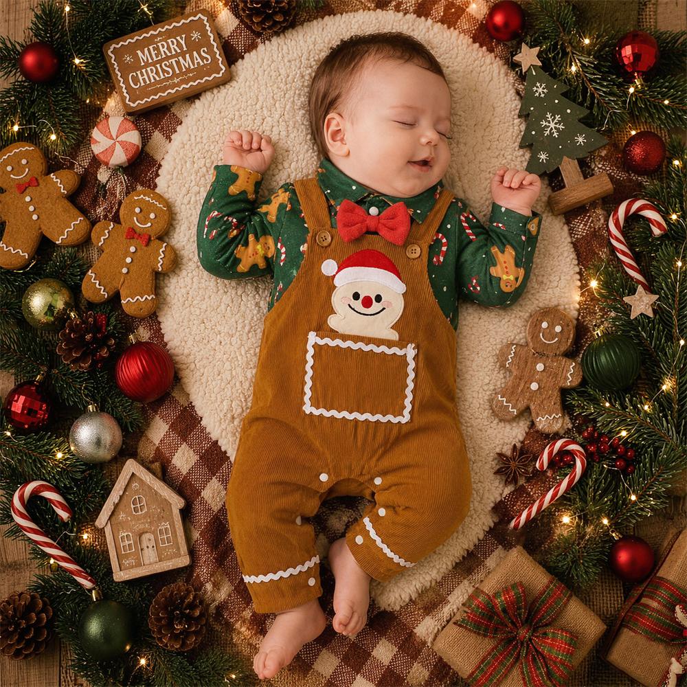 2PCS Gingerbread Man Candy Cane Print Long Sleeve Baby Overalls Set Secondary image