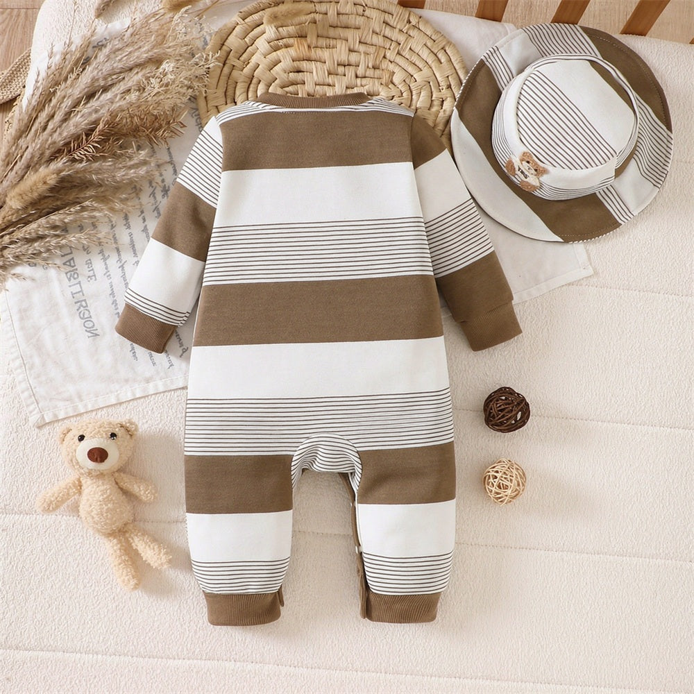 2PCS Timeless Bear Applique Stripe Printed Long Sleeve Baby Jumpsuit
