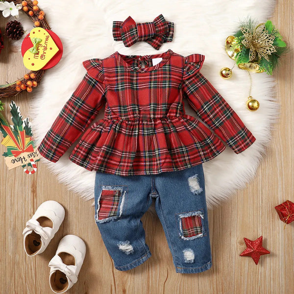 3PCS Plaid Printed Baby Denim Set