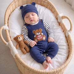 3PCS Cute Bear Embroidery Stripe Print Long Sleeve Overalls Baby Set