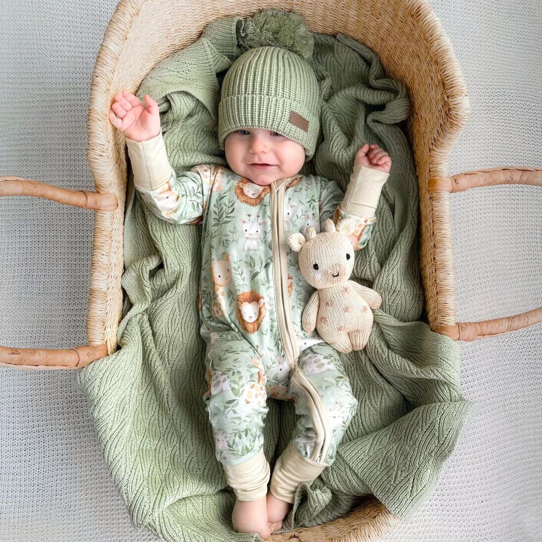 Cute Lion Giraffe Leaf Printed Long Sleeve Zipper Baby Jumpsuit