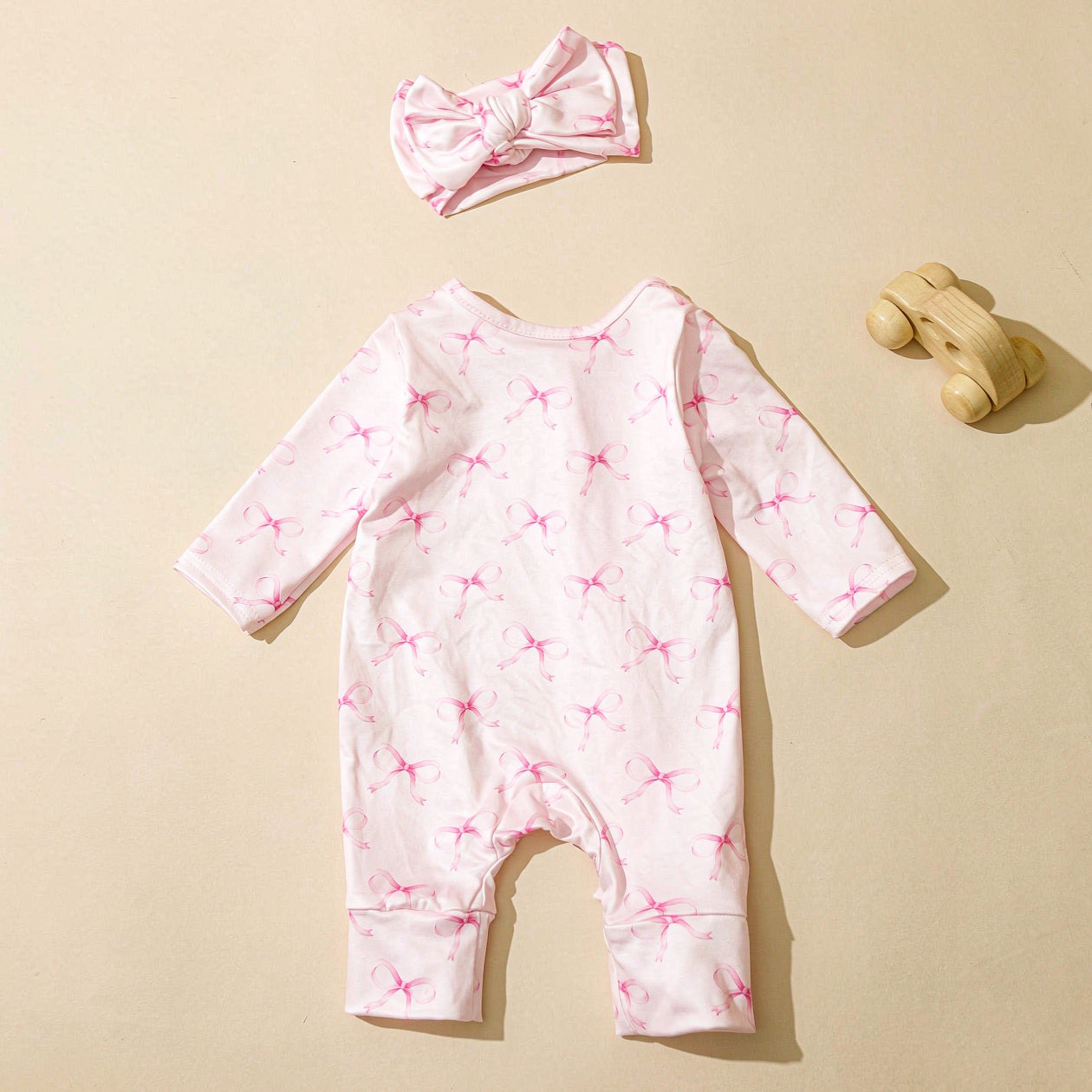 2PCS Dreamy Bow Print Long Sleeve Zipper Baby Girl Jumpsuit
