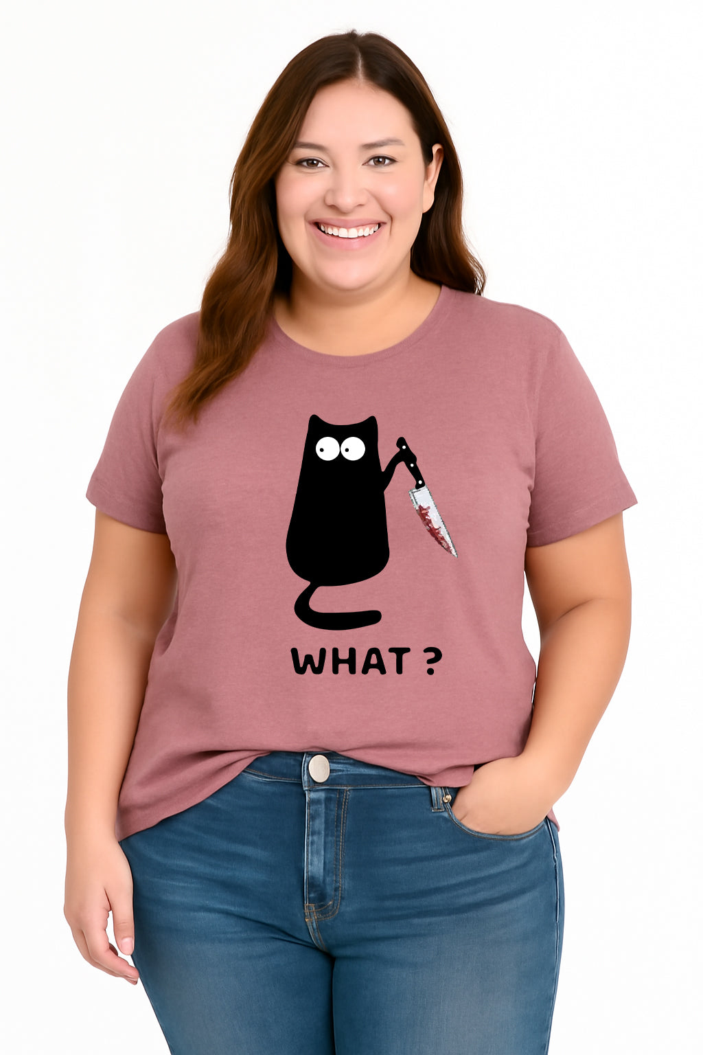 What? Hot Sale Funny Cat Printed Fashion Plus Size T-Shirt