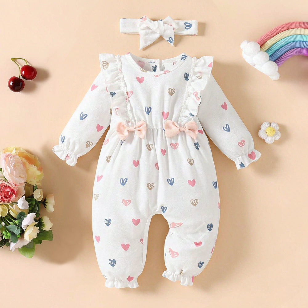 2PCS Lovely Allover Heart Printed Long Sleeve Jumpsuit Main image