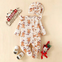 2PCS Lovely Gingerbread Man Bow Printed Long Sleeve Zipper Baby Jumpsuit