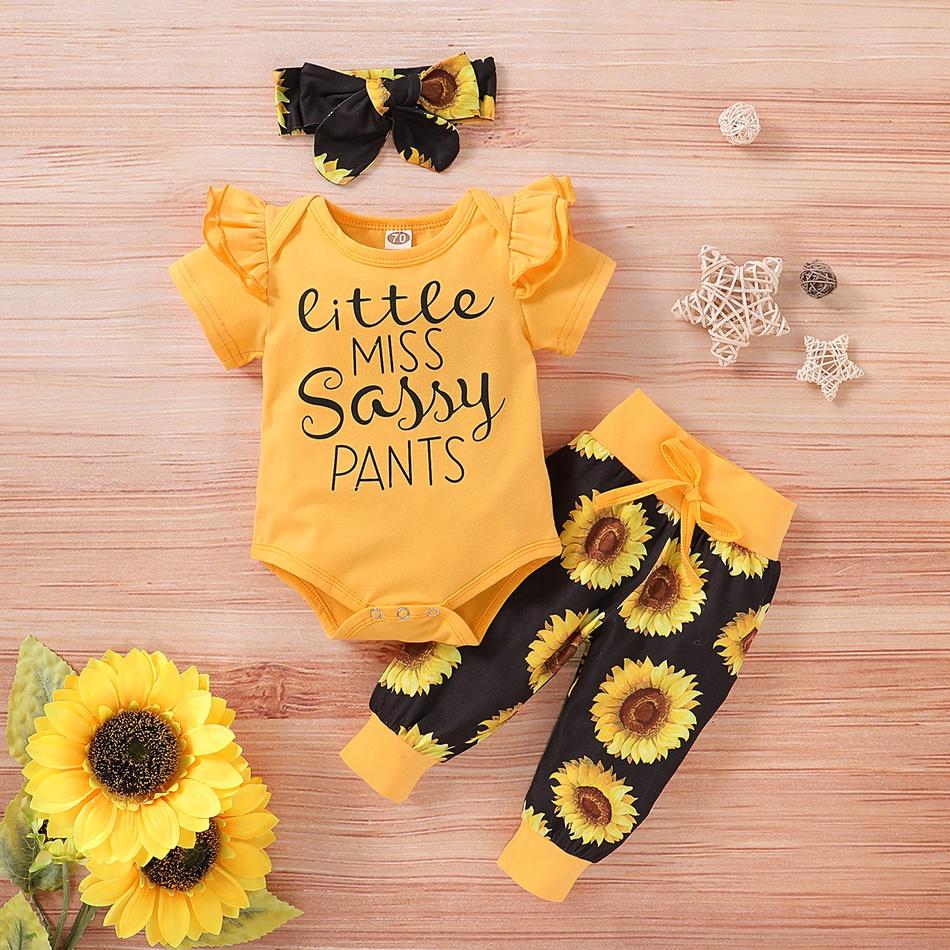 3PCS Sunflower Short Sleeve Letter Printed Bodysuit with Floral Printed Set Image principale du produit