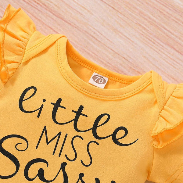 3PCS Sunflower Short Sleeve Letter Printed Bodysuit with Floral Printed Set